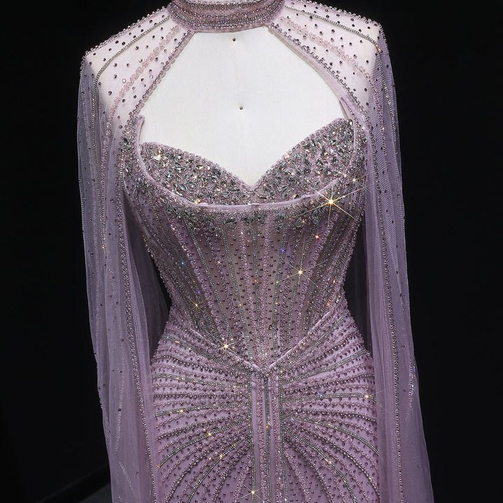 Shimmering Beaded Evening Dress with Cape Train SS156