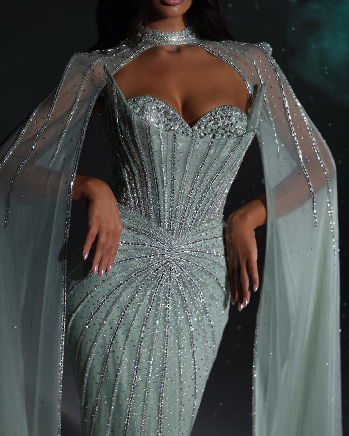Shimmering Beaded Evening Dress with Cape Train SS156