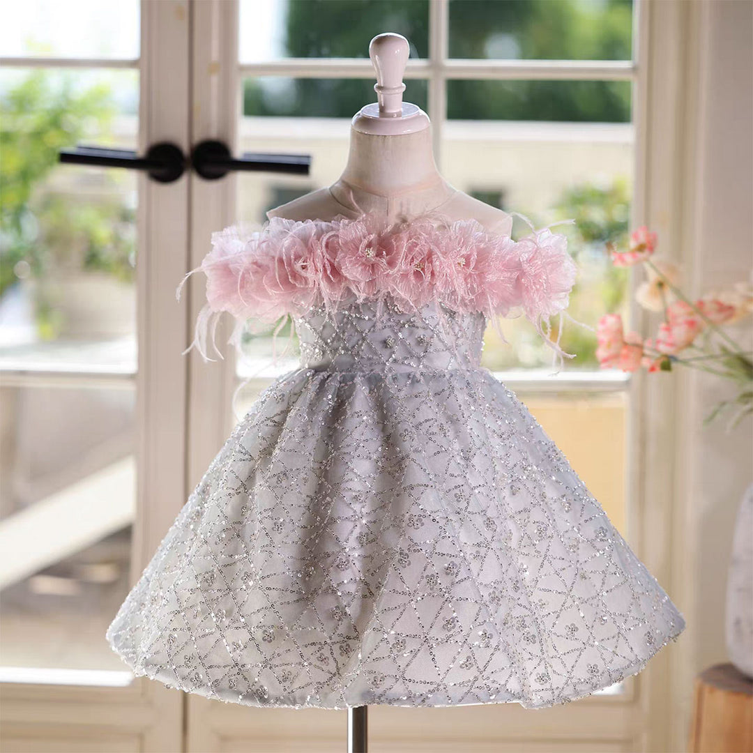 Silver Flower Girl Dress with Pink Feather Long Tulle Train D146