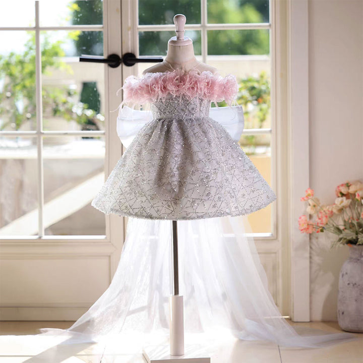 Silver Flower Girl Dress with Pink Feather Long Tulle Train D146