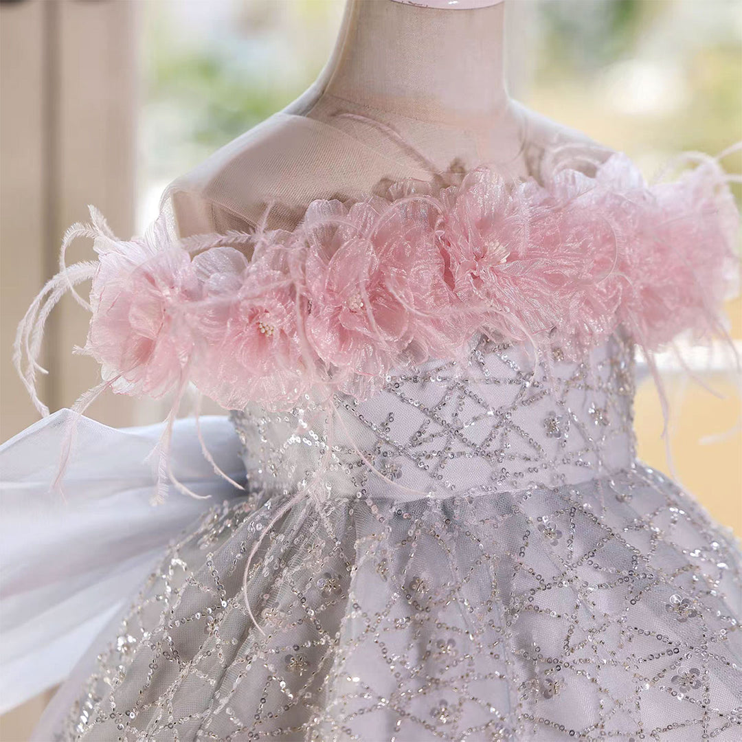 Silver Flower Girl Dress with Pink Feather Long Tulle Train D146