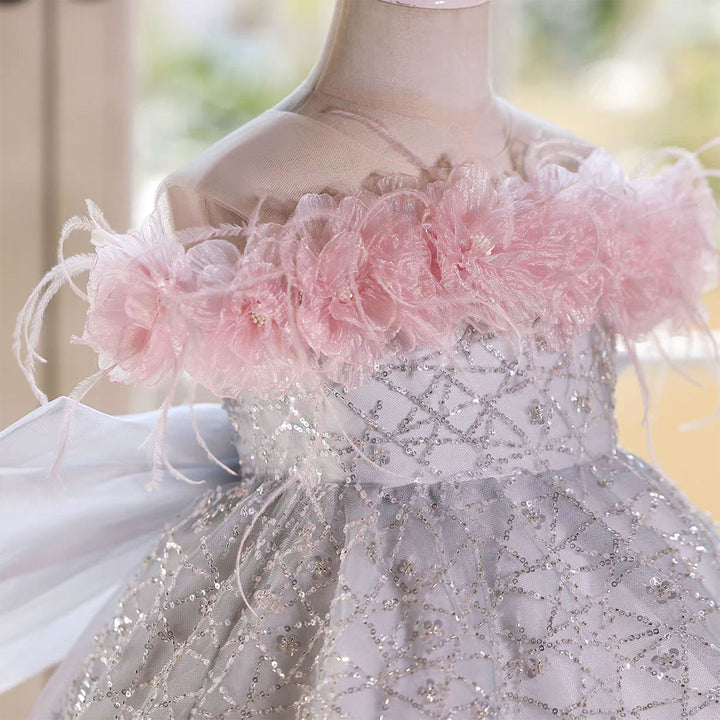 Silver Flower Girl Dress with Pink Feather Long Tulle Train D146