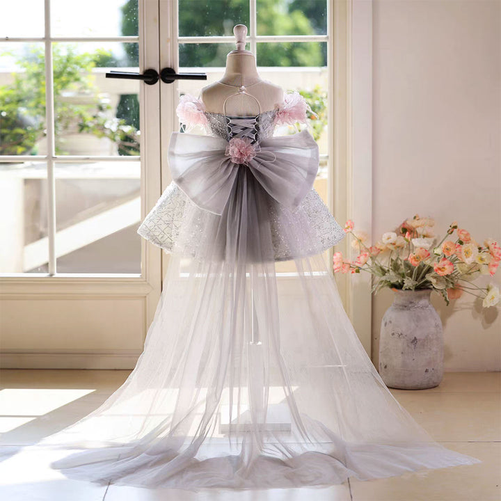 Silver Flower Girl Dress with Pink Feather Long Tulle Train D146
