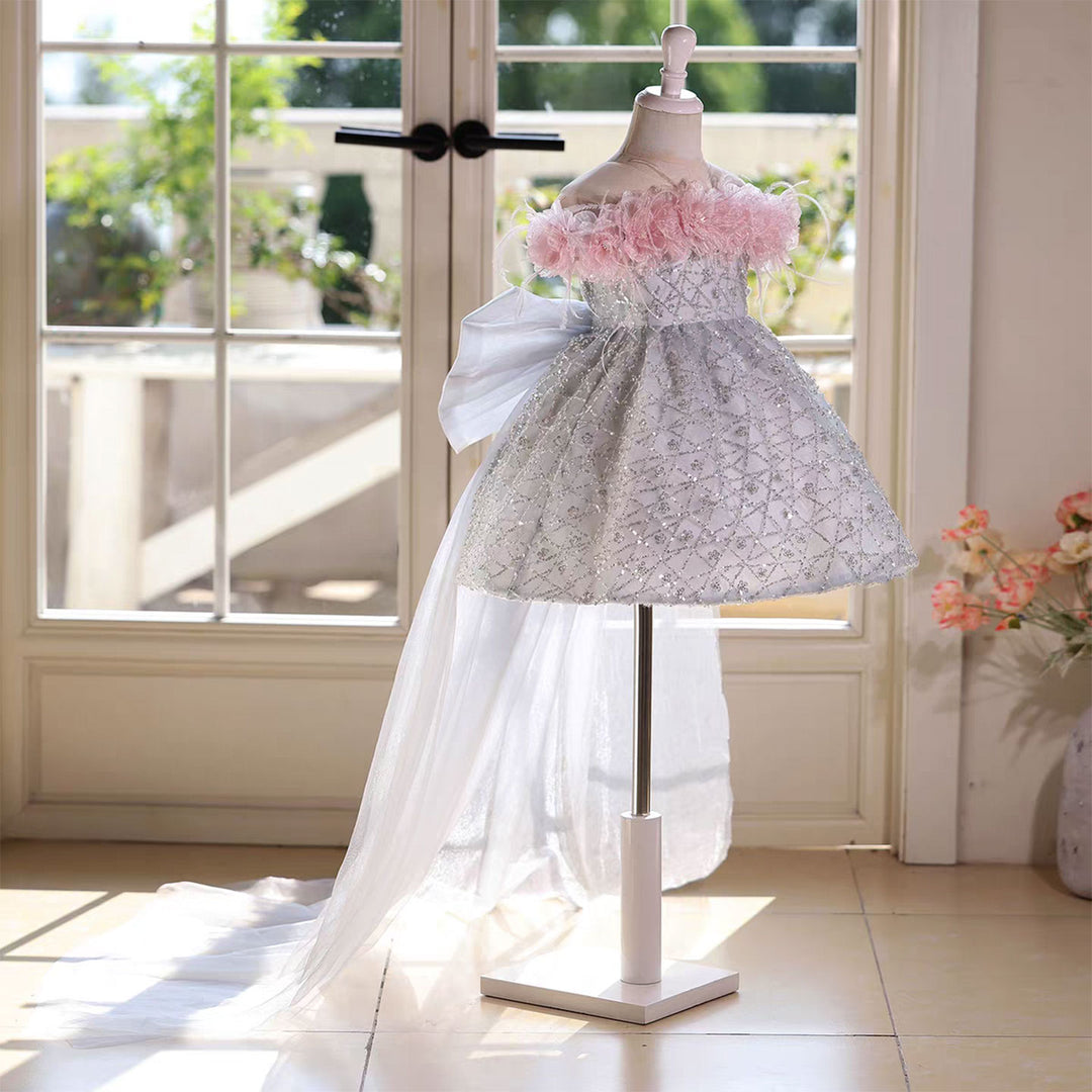 Silver Flower Girl Dress with Pink Feather Long Tulle Train D146