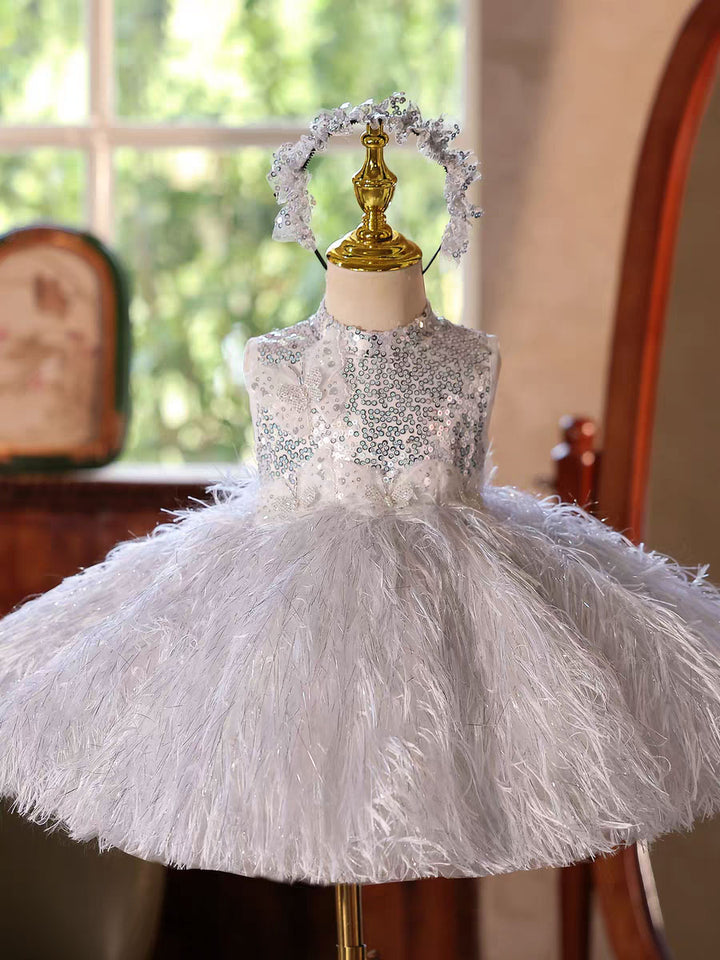 Silver Feather Flower Girl Dress Princess Birthday Party Gown D186