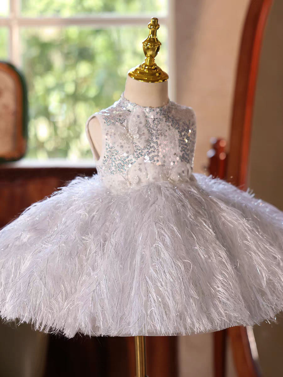 silver flower dress Bride in Sequin Silver Mini Dress With Flowers, Sunglasses, Bouquets and Heels