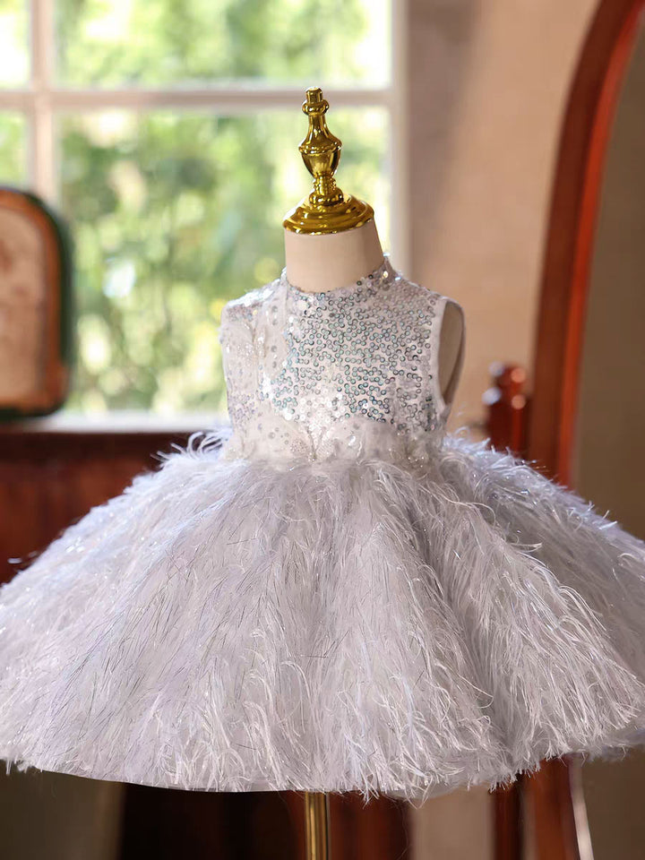 Silver Feather Flower Girl Dress Princess Birthday Party Gown D186