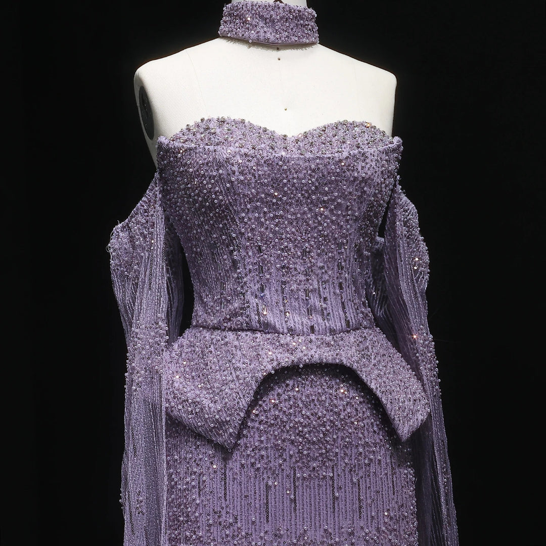 Silver Grey Crystal Evening Dress, Off-Shoulder Cape Gown SS558
