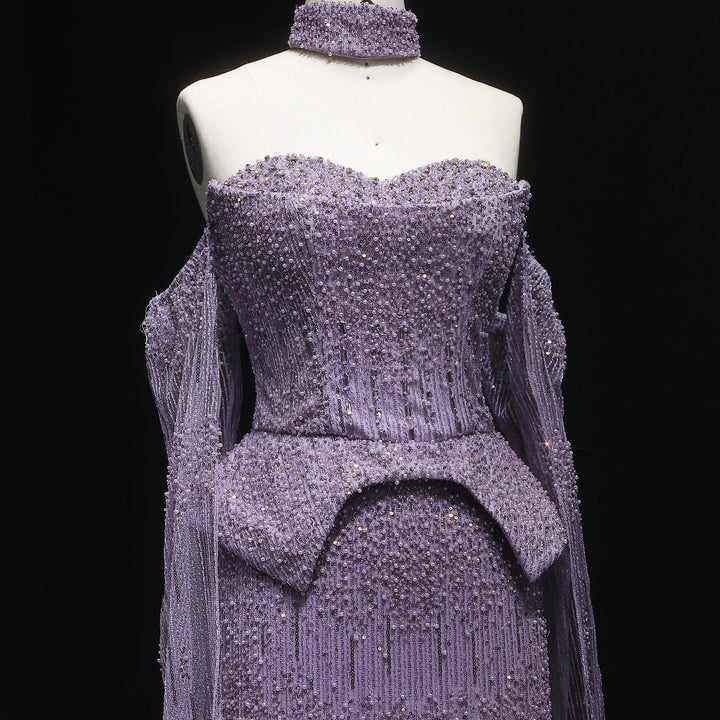 Silver Grey Crystal Evening Dress, Off-Shoulder Cape Gown SS558