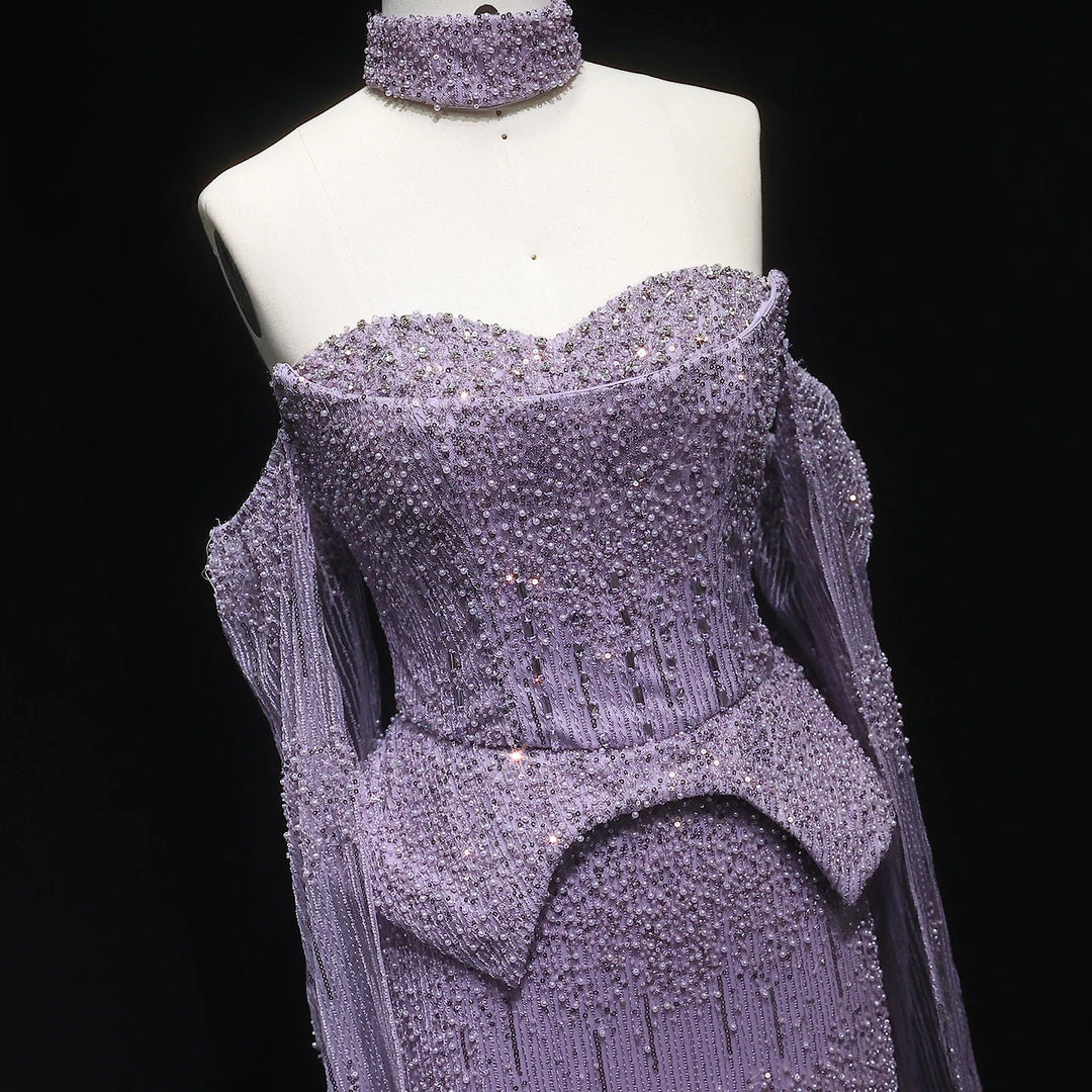 Silver Grey Crystal Evening Dress, Off-Shoulder Cape Gown SS558