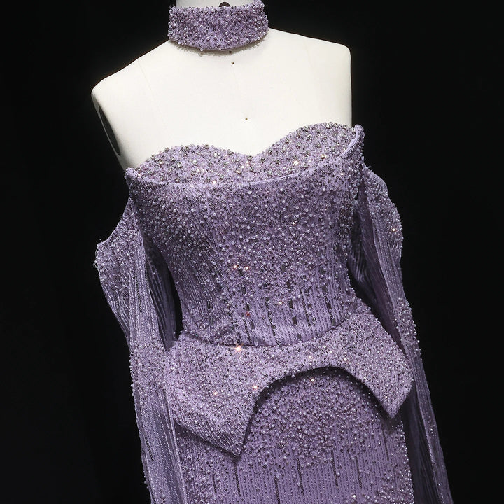 Silver Grey Crystal Evening Dress, Off-Shoulder Cape Gown SS558