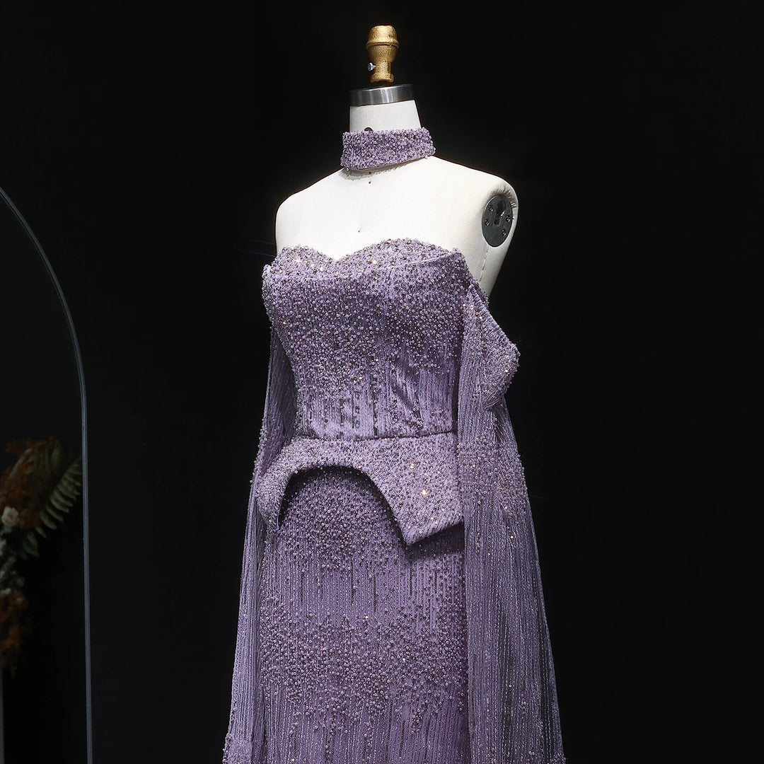 Silver Grey Crystal Evening Dress, Off-Shoulder Cape Gown SS558