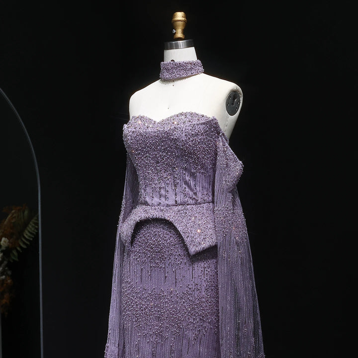 Silver Grey Crystal Evening Dress, Off-Shoulder Cape Gown SS558