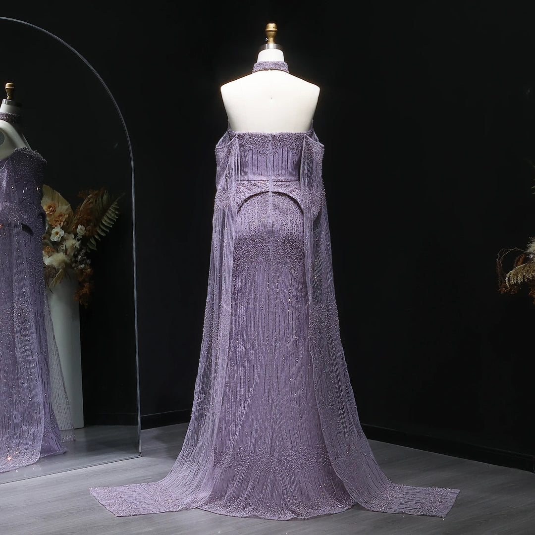 Silver Grey Crystal Evening Dress, Off-Shoulder Cape Gown SS558