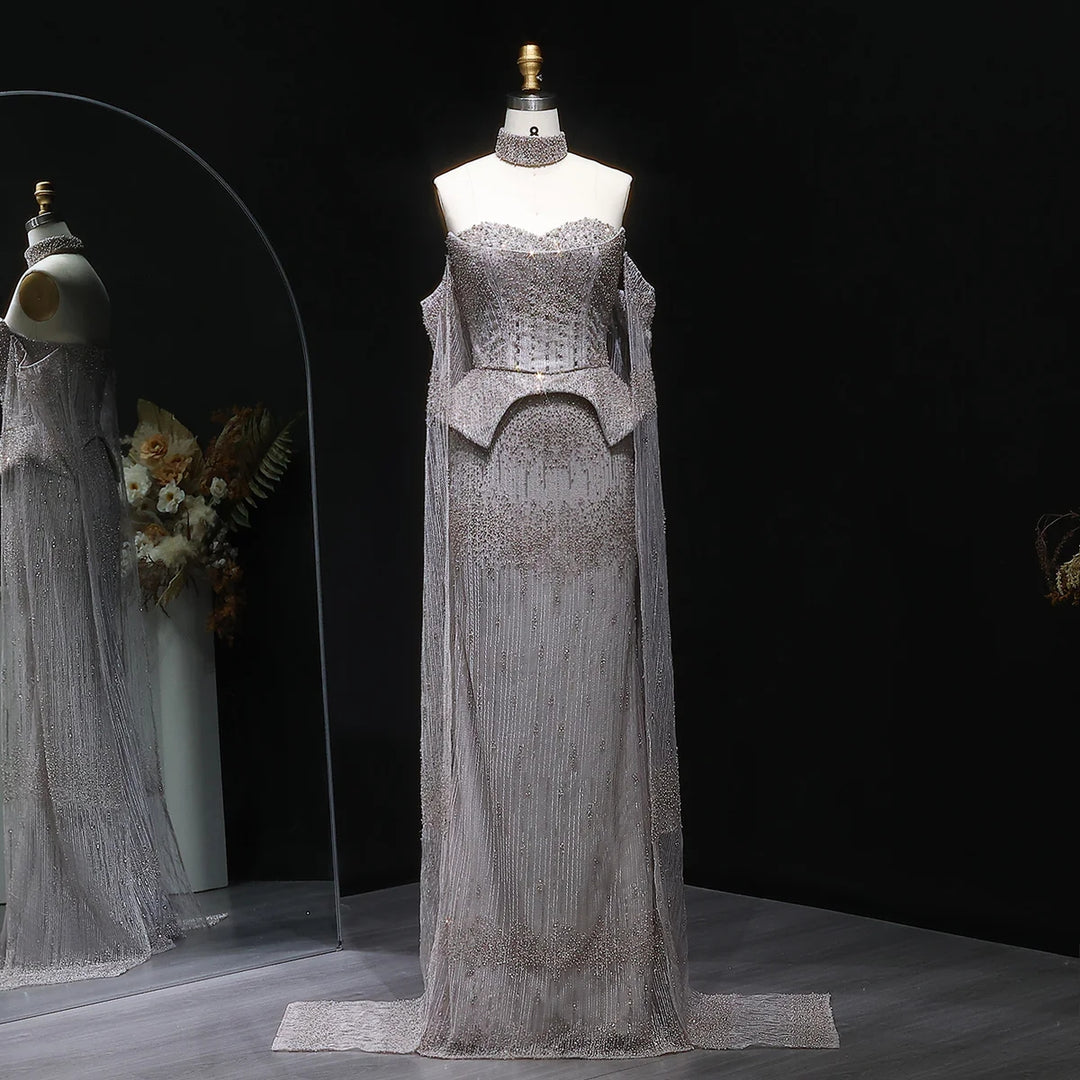 Silver Grey Crystal Evening Dress, Off-Shoulder Cape Gown SS558