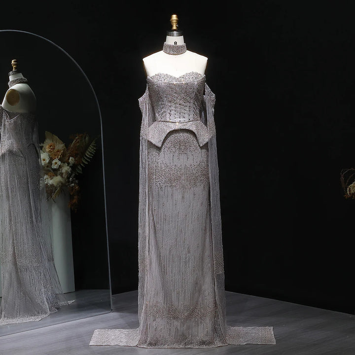 Silver Grey Crystal Evening Dress, Off-Shoulder Cape Gown SS558