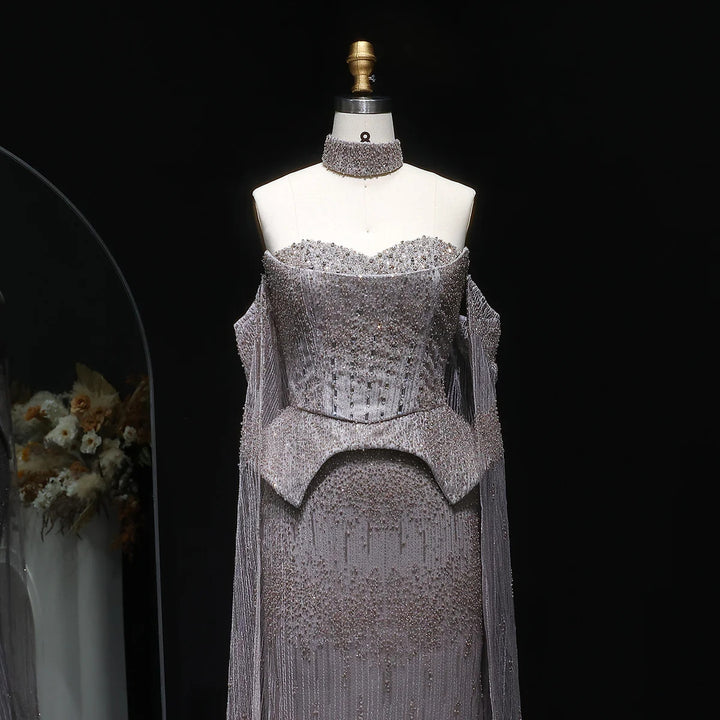 Silver Grey Crystal Evening Dress, Off-Shoulder Cape Gown SS558