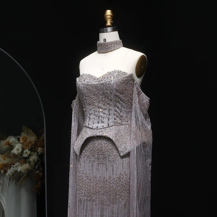 Silver Grey Crystal Evening Dress, Off-Shoulder Cape Gown SS558