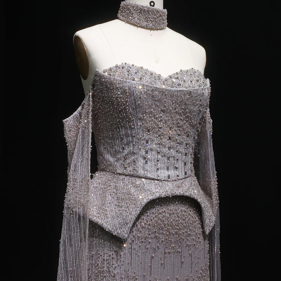 Silver Grey Crystal Evening Dress, Off-Shoulder Cape Gown SS558