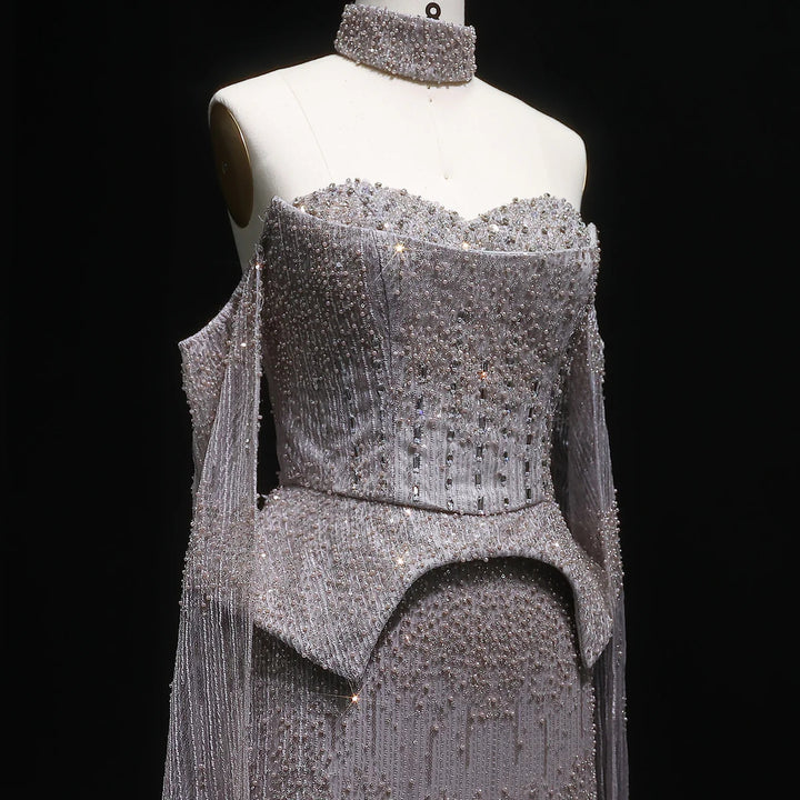 Silver Grey Crystal Evening Dress, Off-Shoulder Cape Gown SS558