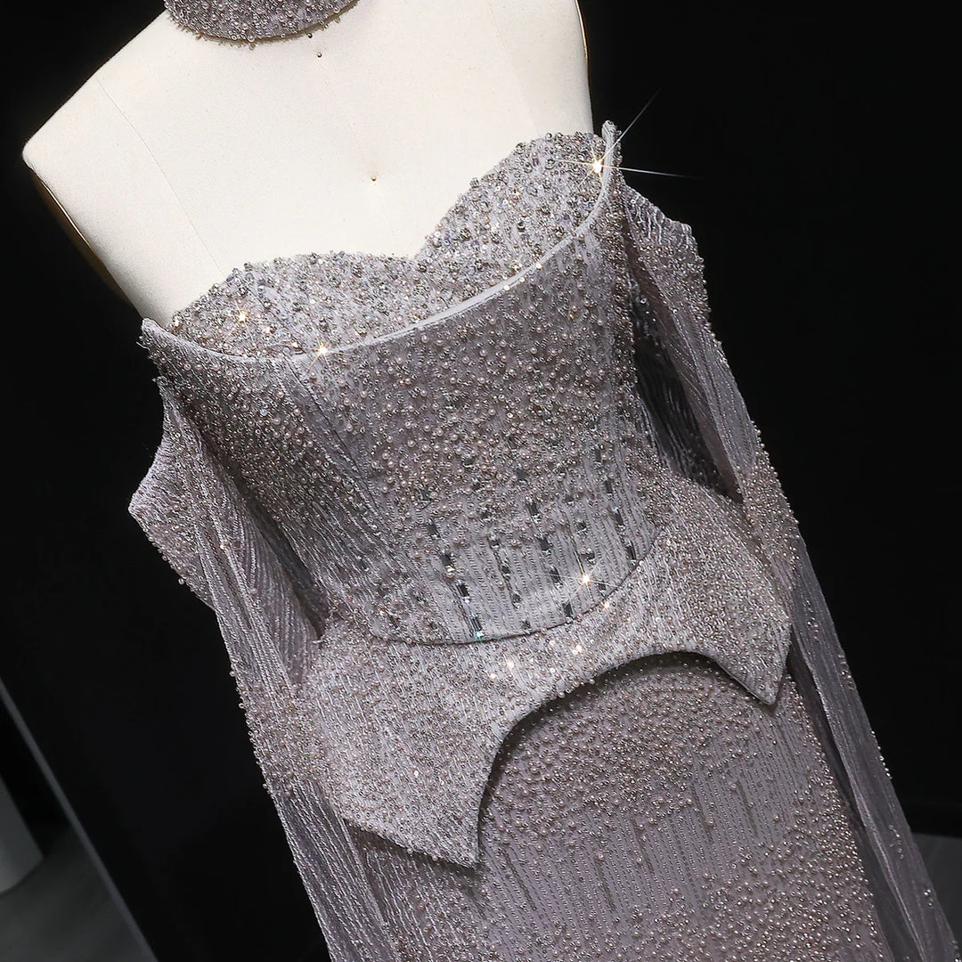 Silver Grey Crystal Evening Dress, Off-Shoulder Cape Gown SS558