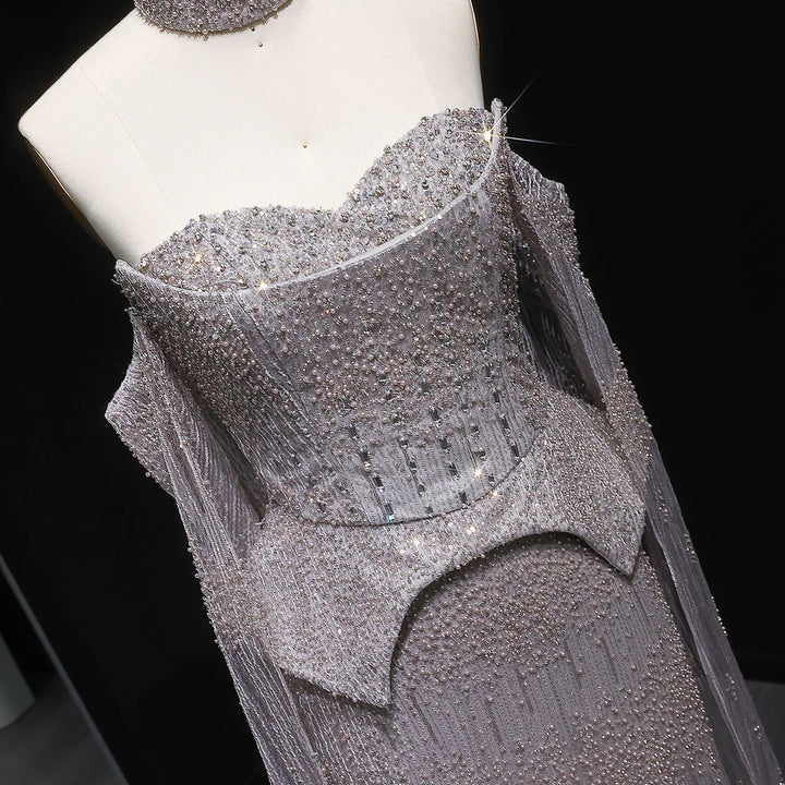 Silver Grey Crystal Evening Dress, Off-Shoulder Cape Gown SS558
