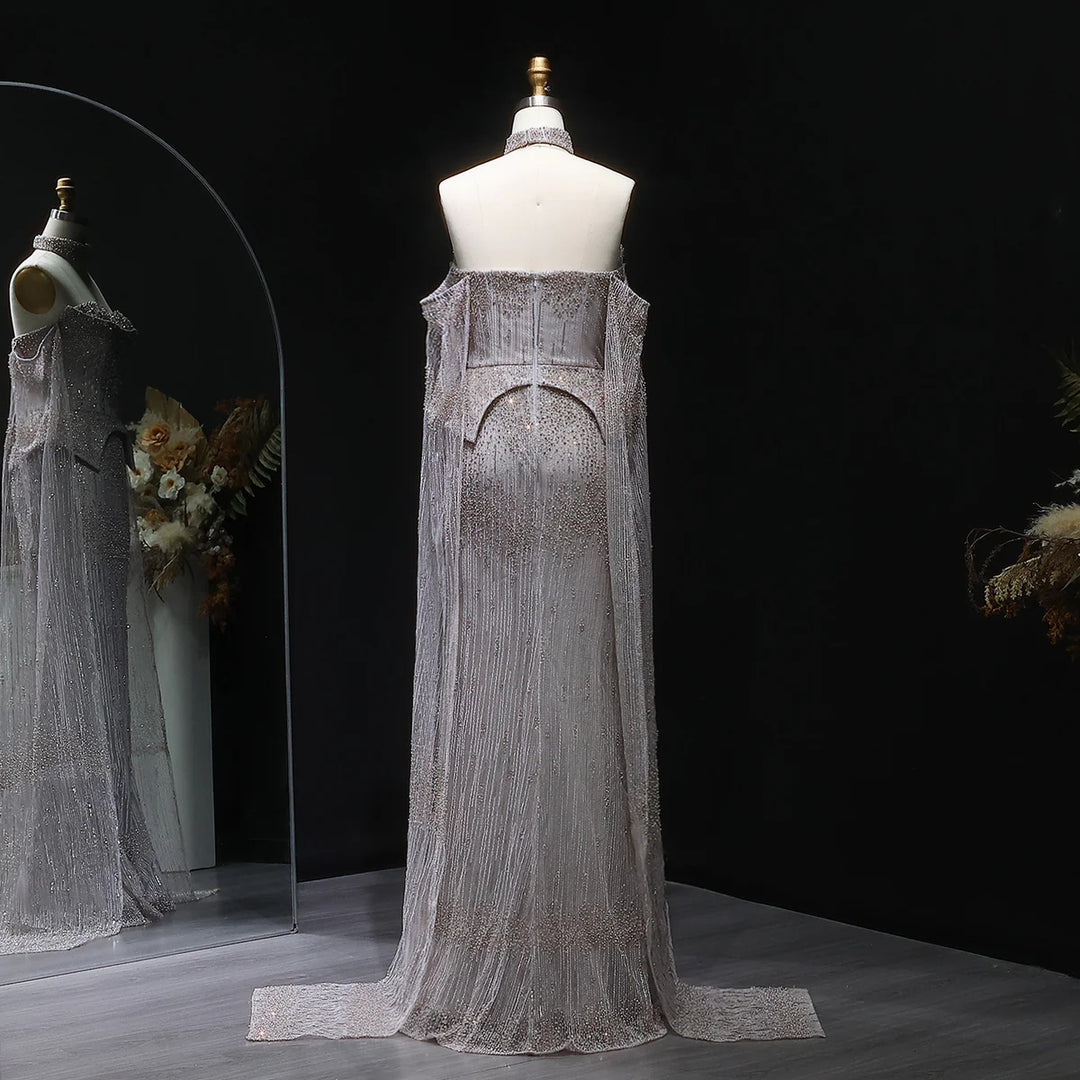 Silver Grey Crystal Evening Dress, Off-Shoulder Cape Gown SS558