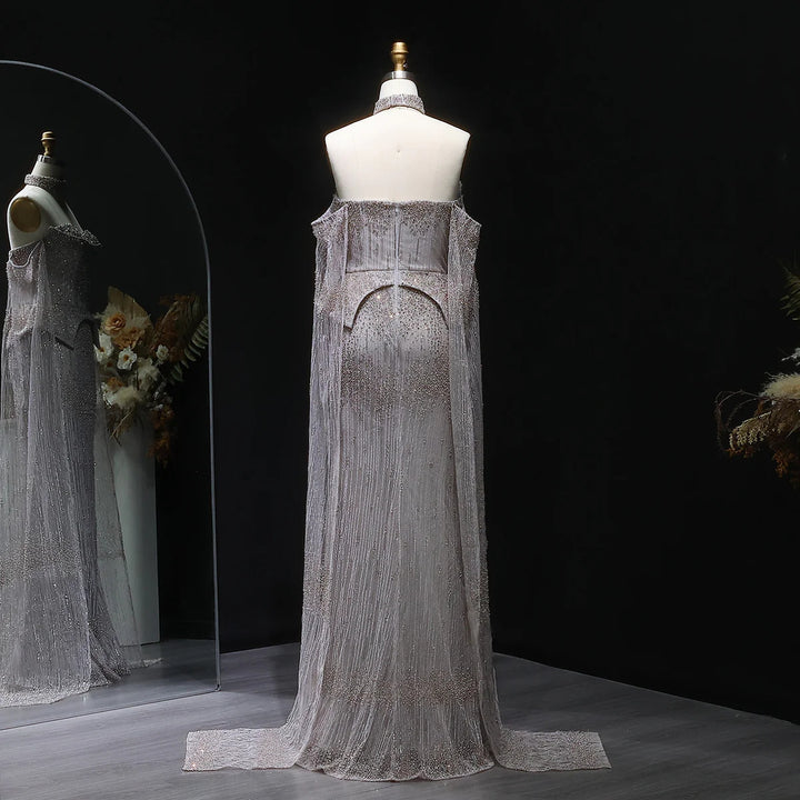 Silver Grey Crystal Evening Dress, Off-Shoulder Cape Gown SS558