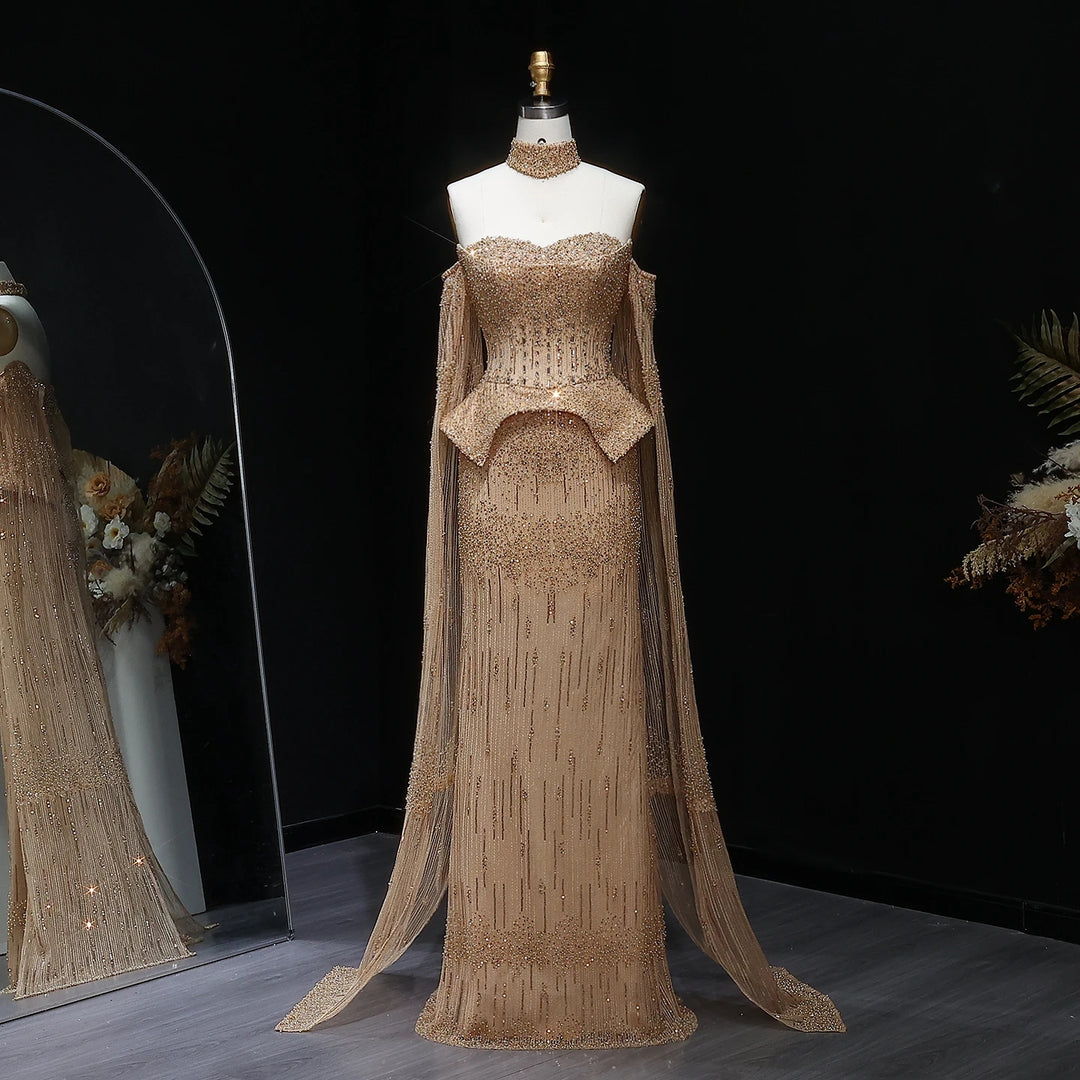 Silver Grey Crystal Evening Dress, Off-Shoulder Cape Gown SS558