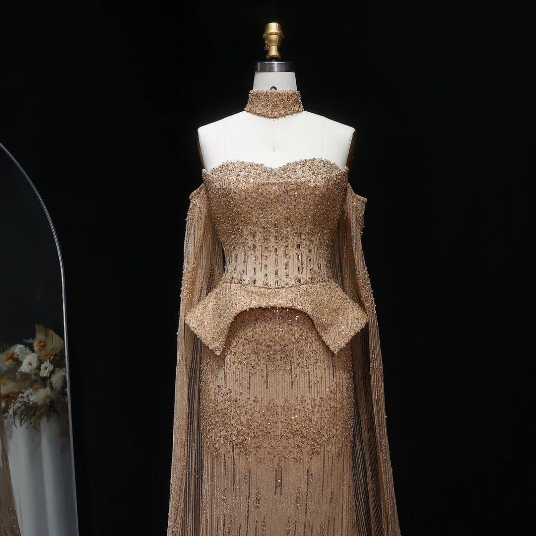 Silver Grey Crystal Evening Dress, Off-Shoulder Cape Gown SS558