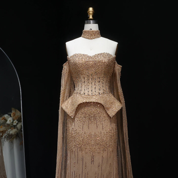 Silver Grey Crystal Evening Dress, Off-Shoulder Cape Gown SS558