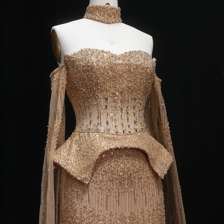 Silver Grey Crystal Evening Dress, Off-Shoulder Cape Gown SS558
