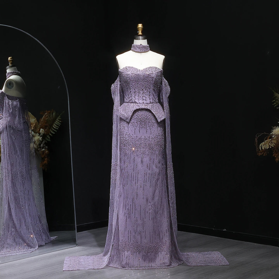 Silver Grey Crystal Evening Dress, Off-Shoulder Cape Gown SS558