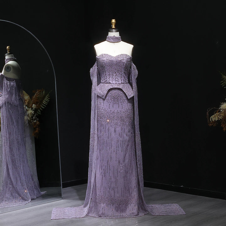 Silver Grey Crystal Evening Dress, Off-Shoulder Cape Gown SS558