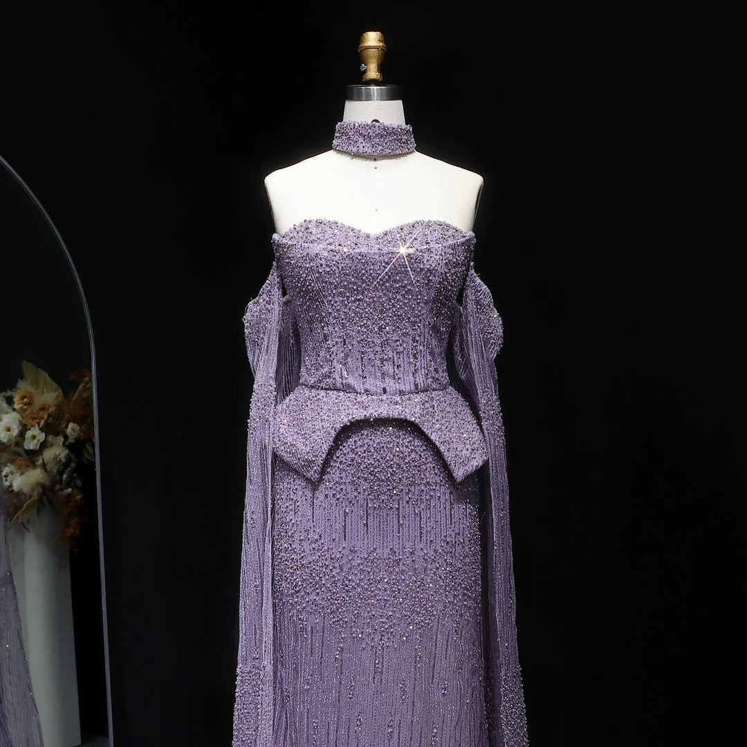 Silver Grey Crystal Evening Dress, Off-Shoulder Cape Gown SS558