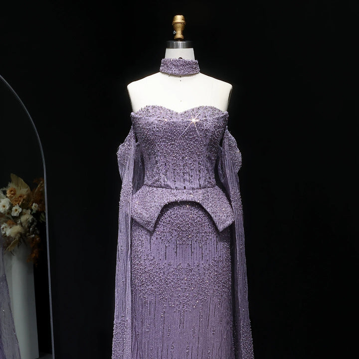 Silver Grey Crystal Evening Dress, Off-Shoulder Cape Gown SS558