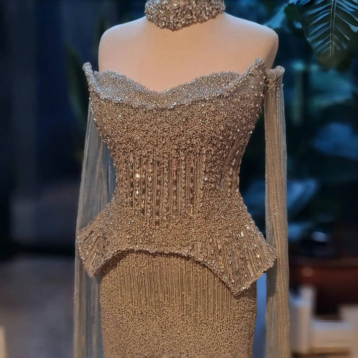 Silver Grey Crystal Evening Dress, Off-Shoulder Cape Gown SS558