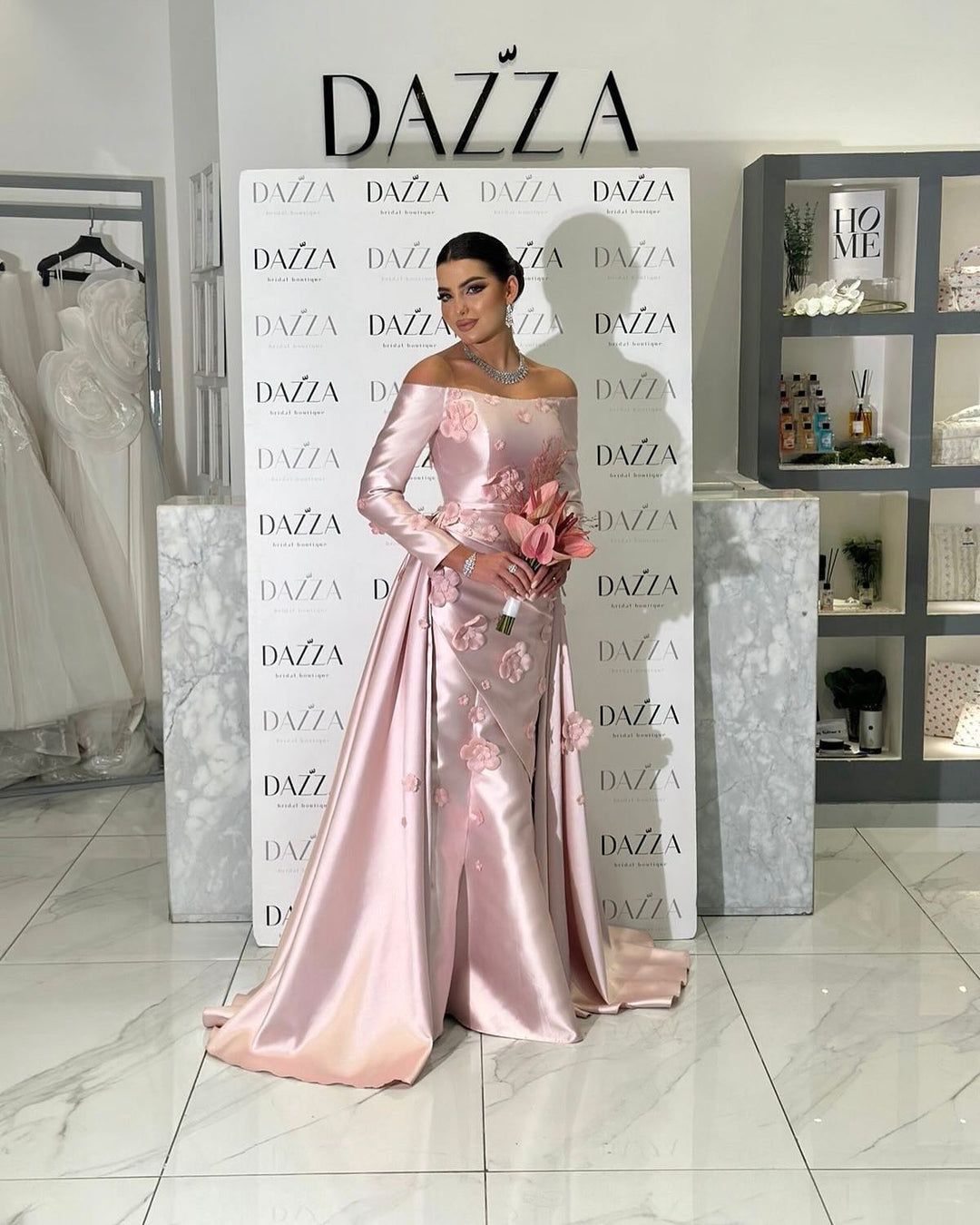 Simple Pink 3D Flower Evening Dress with Overskirt SS266