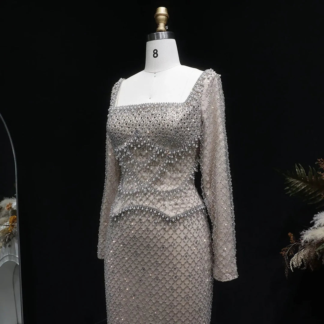 Sophisticated Gray Crystal Evening Dress with Sleek Long Sleeves SS633-DreamyVow