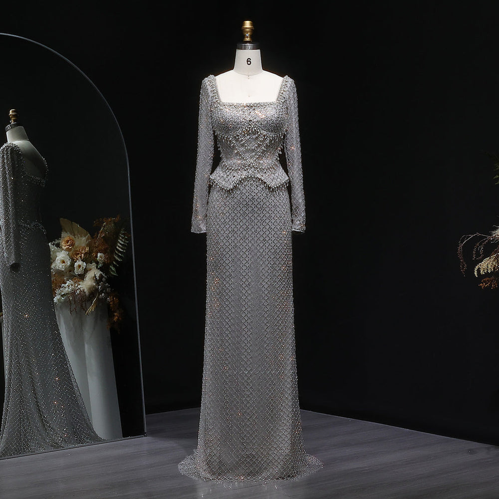 Sophisticated Gray Crystal Evening Dress with Sleek Long Sleeves SS633