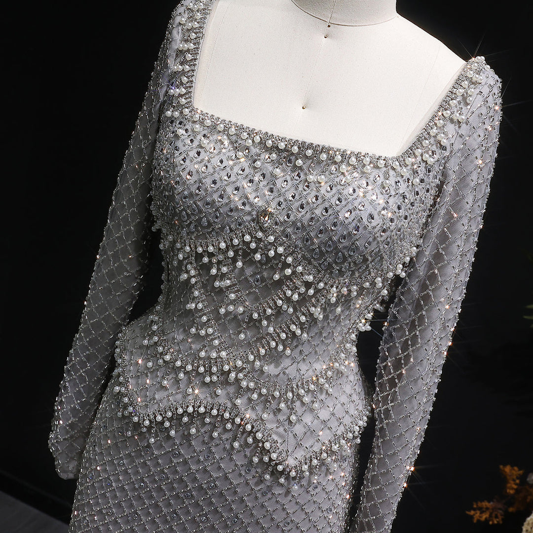 Sophisticated Gray Crystal Evening Dress with Sleek Long Sleeves SS633