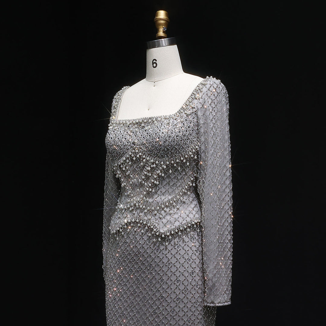 Sophisticated Gray Crystal Evening Dress with Sleek Long Sleeves SS633