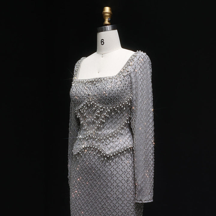 Sophisticated Gray Crystal Evening Dress with Sleek Long Sleeves SS633