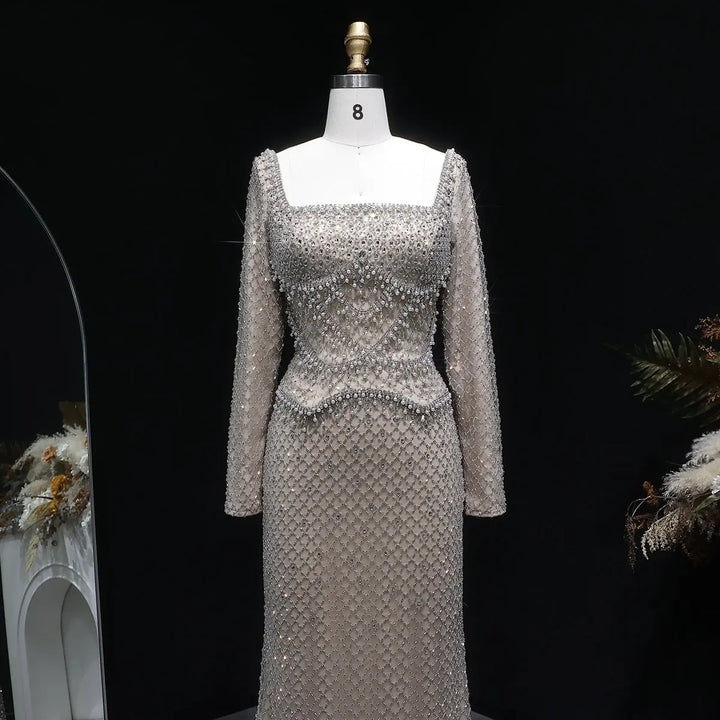 Sophisticated Gray Crystal Evening Dress with Sleek Long Sleeves SS633-DreamyVow