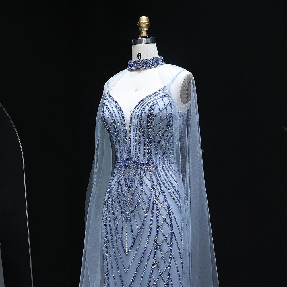 Sparkle Crystal Blue Mermaid Evening Dress with Cape Sleeves SS043
