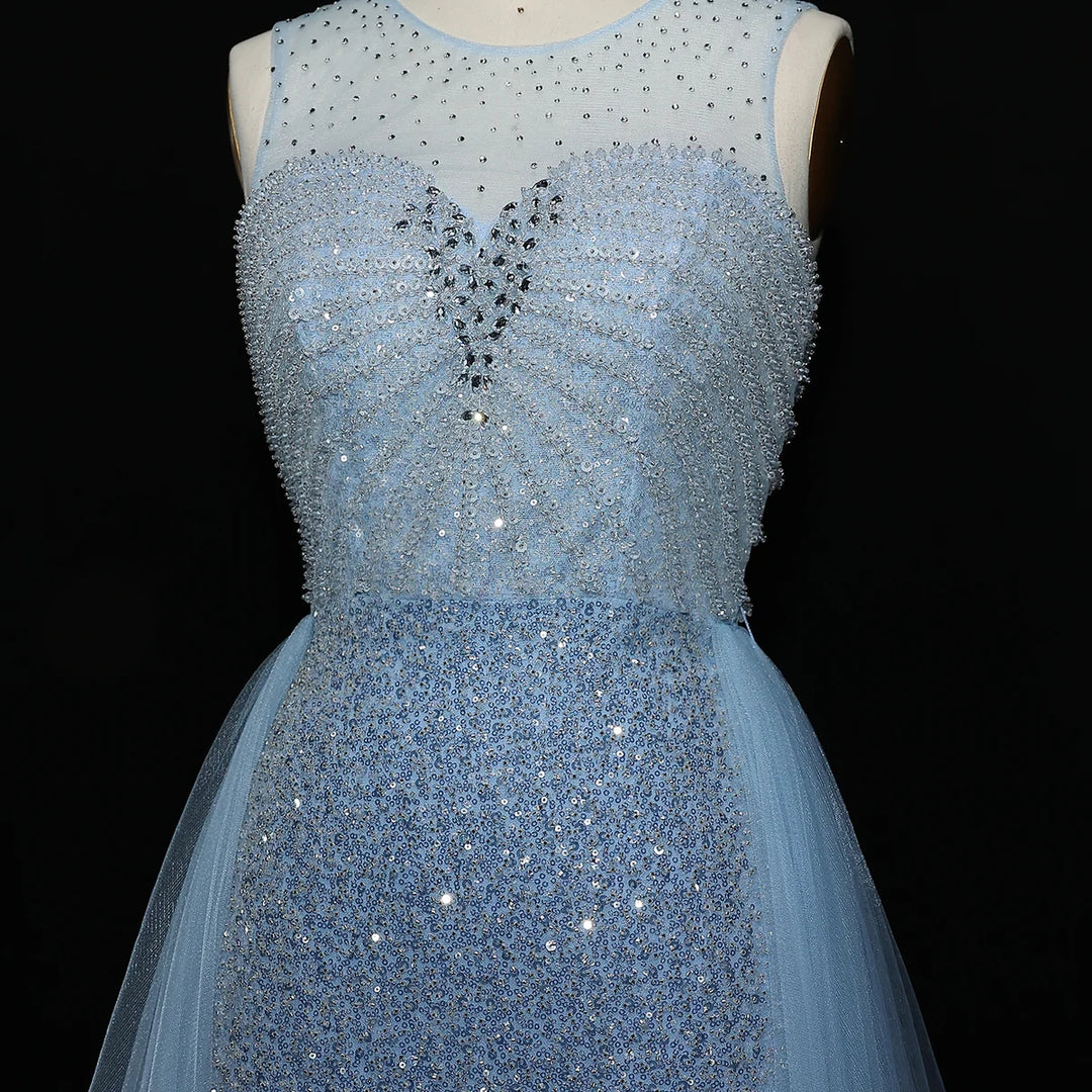 Sparkling Crystal Blue Evening Gown with Overskirt SS011