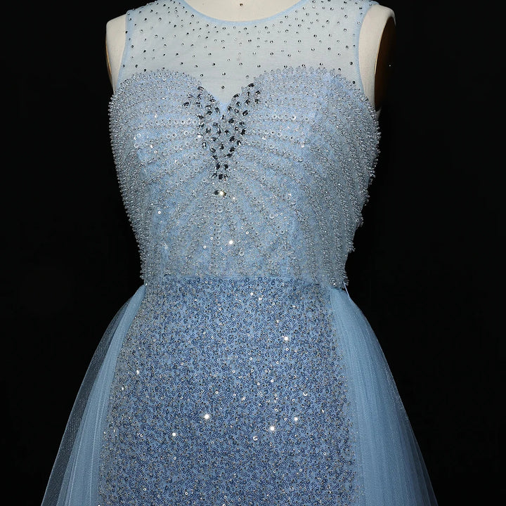 Sparkling Crystal Blue Evening Gown with Overskirt SS011