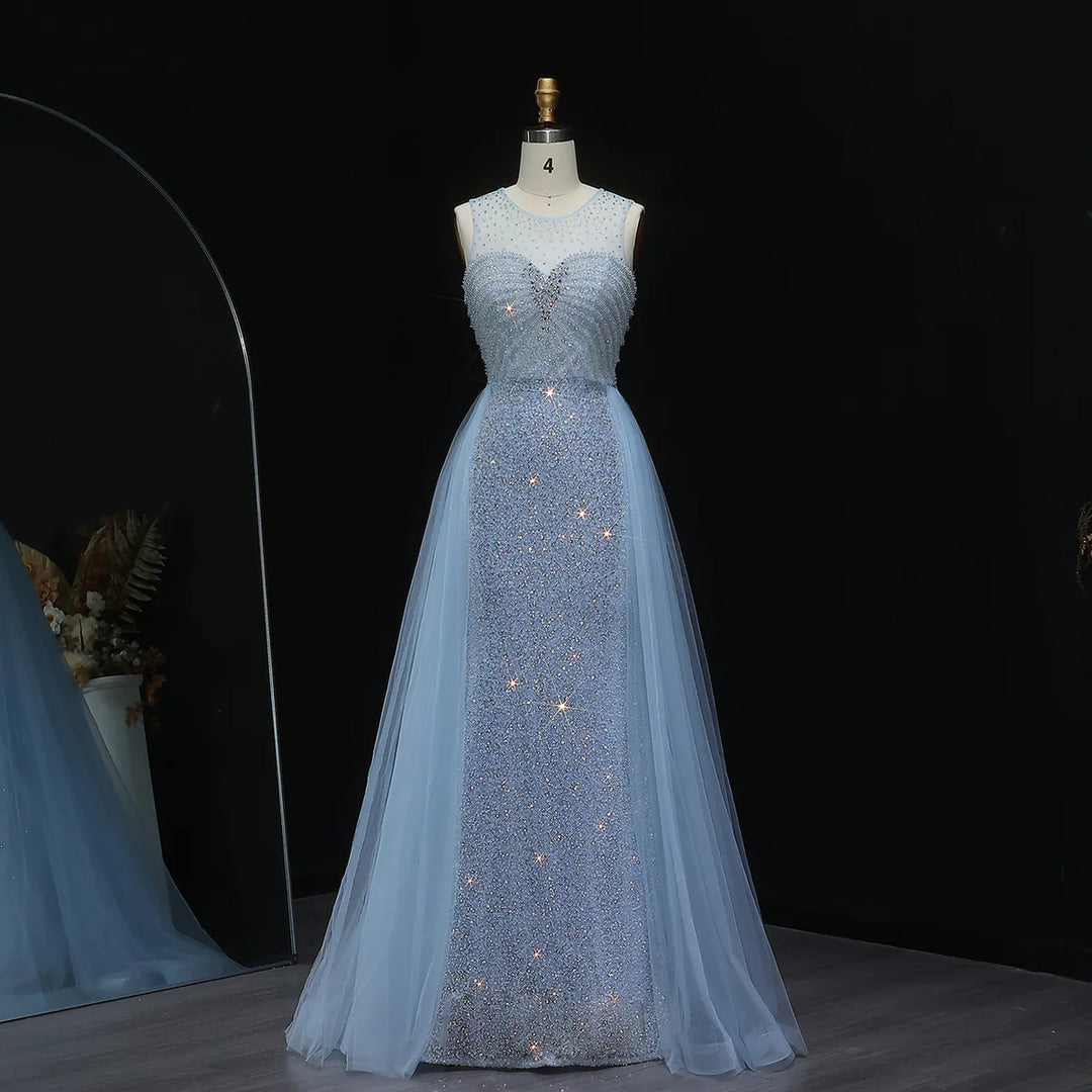Sparkling Crystal Blue Evening Gown with Overskirt SS011