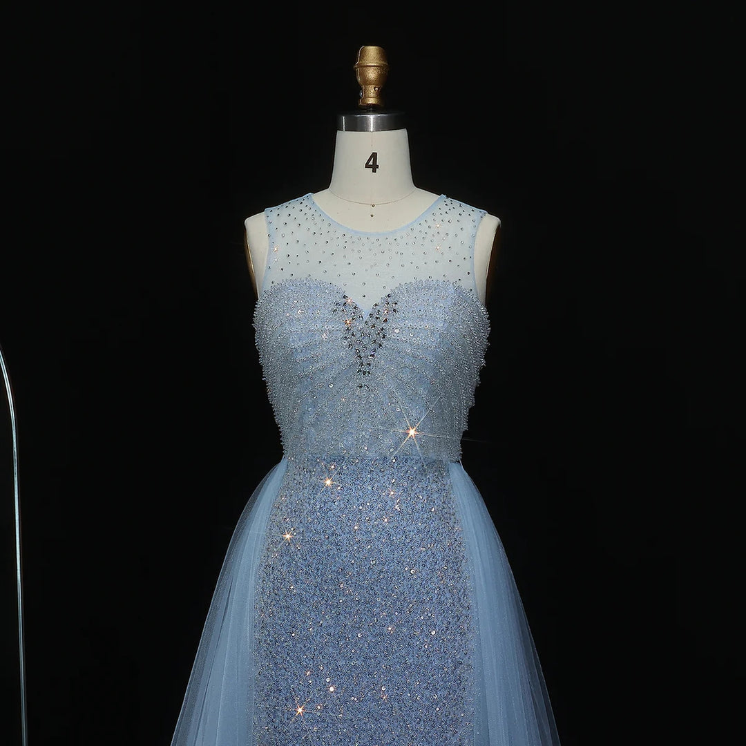 Sparkling Crystal Blue Evening Gown with Overskirt SS011