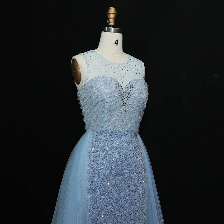 Sparkling Crystal Blue Evening Gown with Overskirt SS011